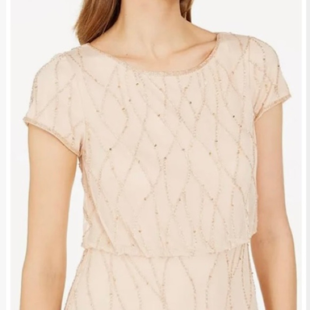 Adrianna Papell Short Sleeve Embellished Blouson beaded Overlay Gown in Biscotti - Picture 4 of 6